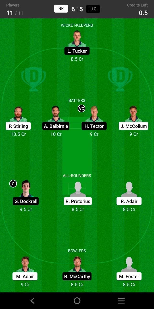 NK vs LLG 5th Match Dream11 Team fantasy Prediction Ireland Inter-Provincial ODD