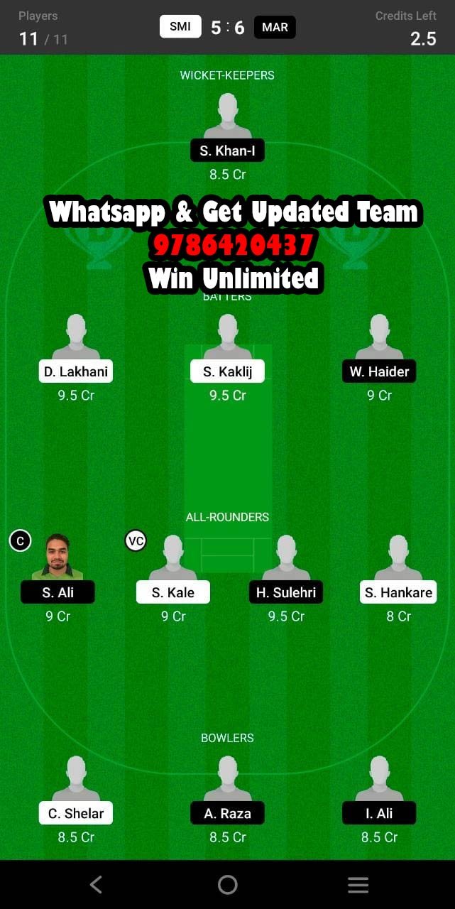 SMI vs MAR 39th Match Dream11 Team fantasy Prediction FanCode ECS T10 - Stockholm