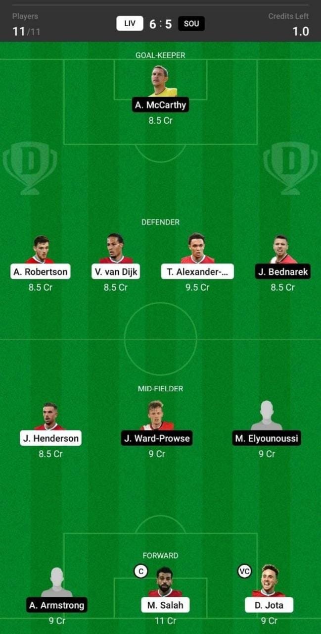 SOU vs LIV Dream11 Team fantasy Prediction Premier League