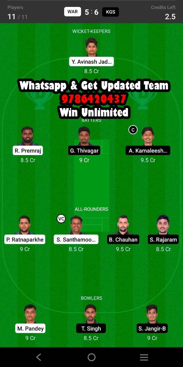 WAR vs KGS 37th Match Dream11 Team fantasy Prediction BYJU's Pondicherry T10