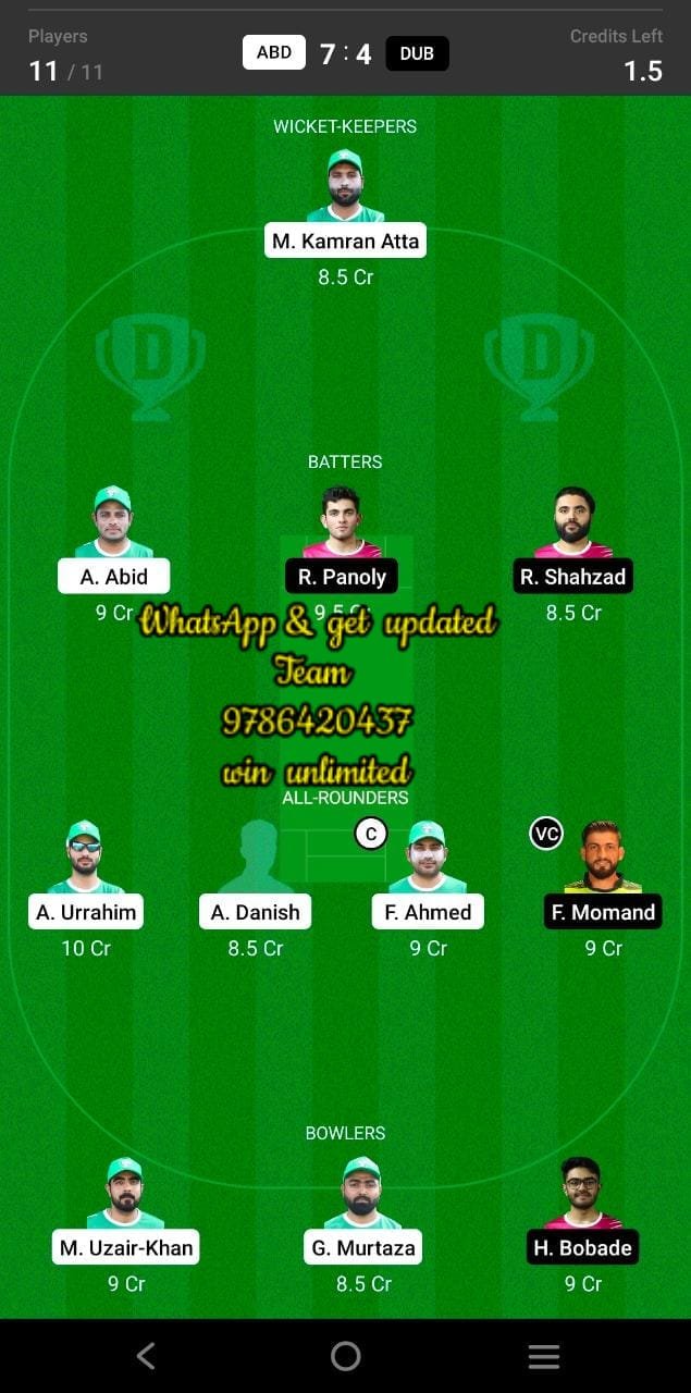 ABD vs DUB 29th Match Dream11 Team fantasy Prediction Emirates D20