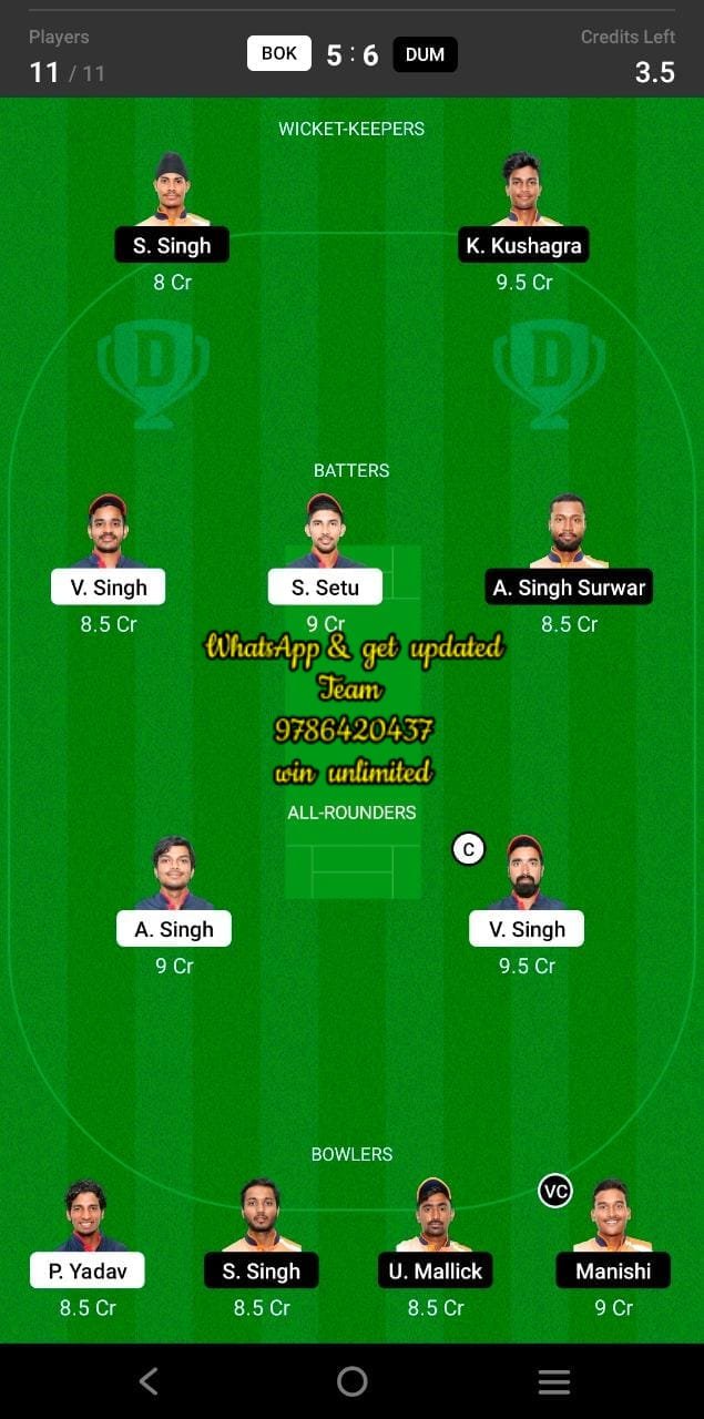 BOK vs DUM 28th Match Dream11 Team fantasy Prediction BYJU'S vs Jharkhand T20