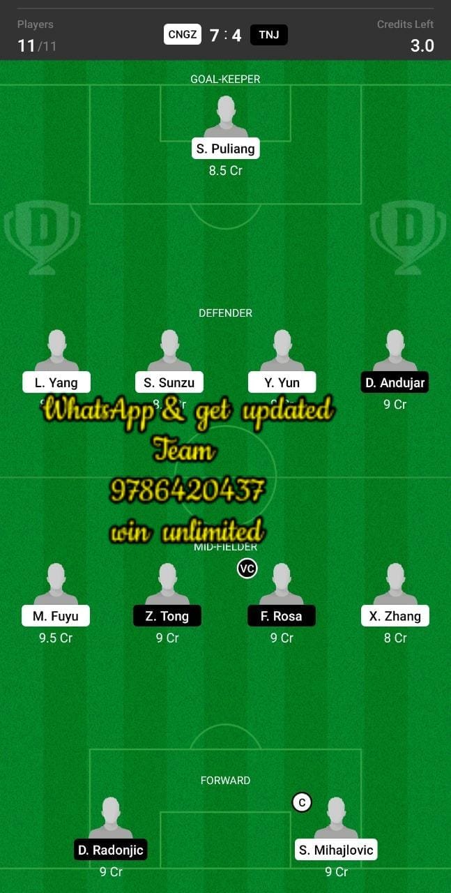 CNGZ vs TNJ Dream11 Team fantasy Prediction Chinese Super League