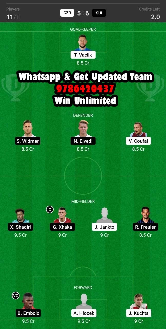 CZR vs SUI Dream11 Team fantasy Prediction UEFA Nations League