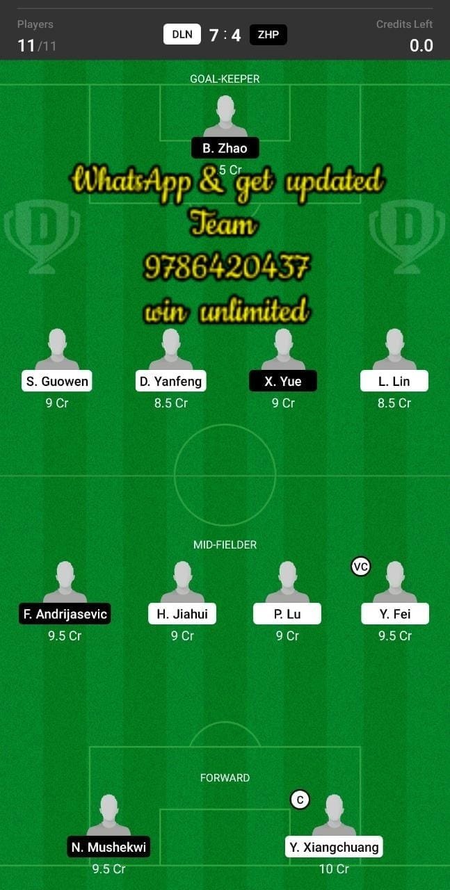 DLN vs ZHP Dream11 Team fantasy Prediction Chinese Super League