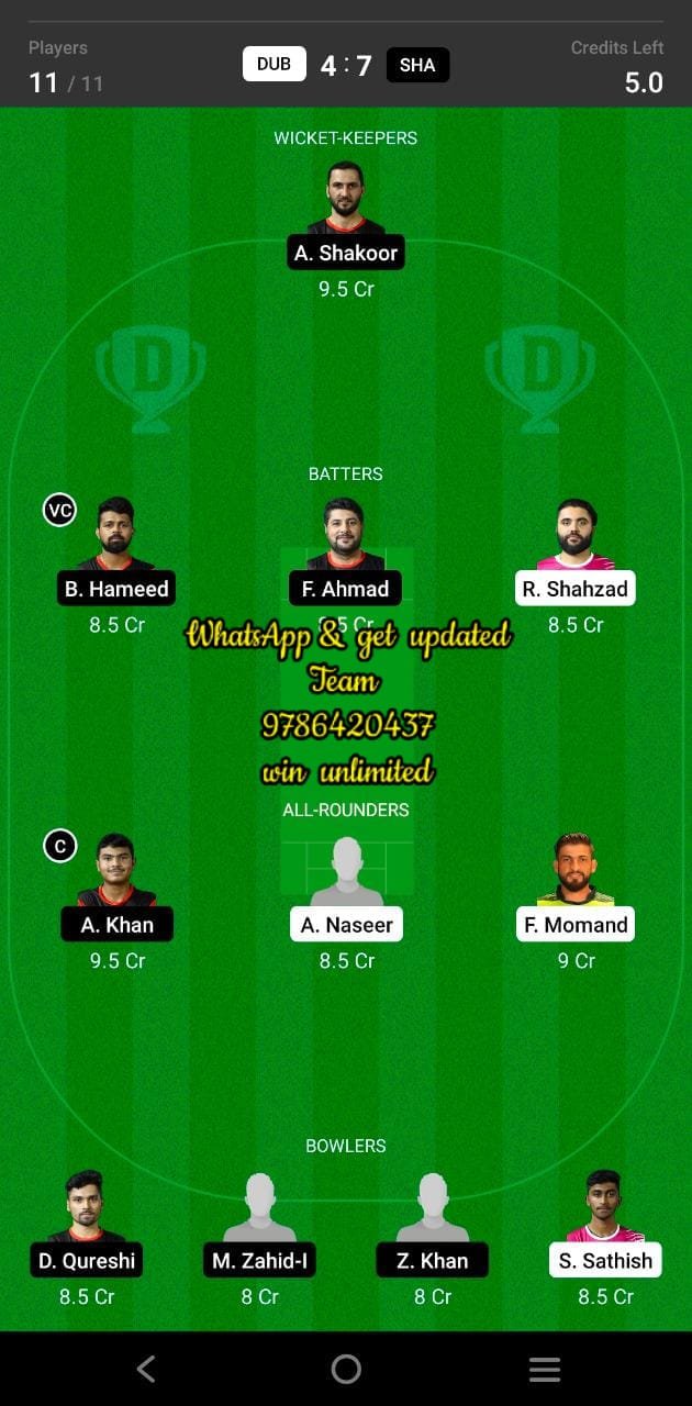 DUB vs SHA 19th Match Dream11 Team fantasy Prediction Emirates D20