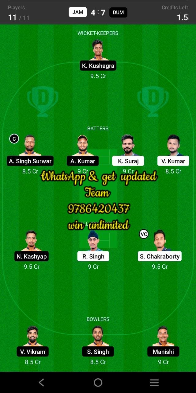 JAM vs DUB 6th Match Dream11 Team fantasy Prediction BYJU'S Jharkhand T20