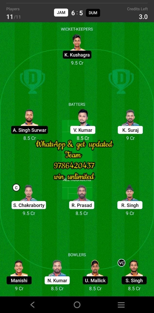 JAM vs DUM 21st Match Dream11 Team fantasy Prediction BYJU'S Jharkhand T20