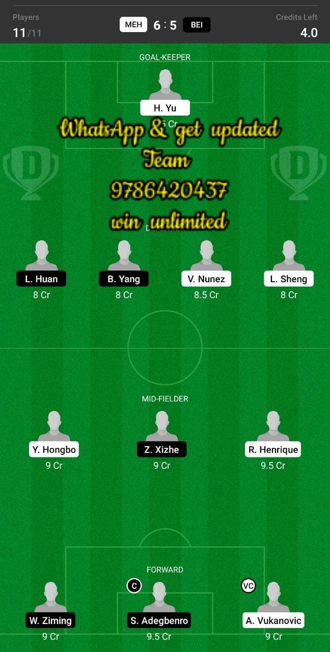 MEH vs BEI Dream11 Team fantasy Prediction Chinese Super League