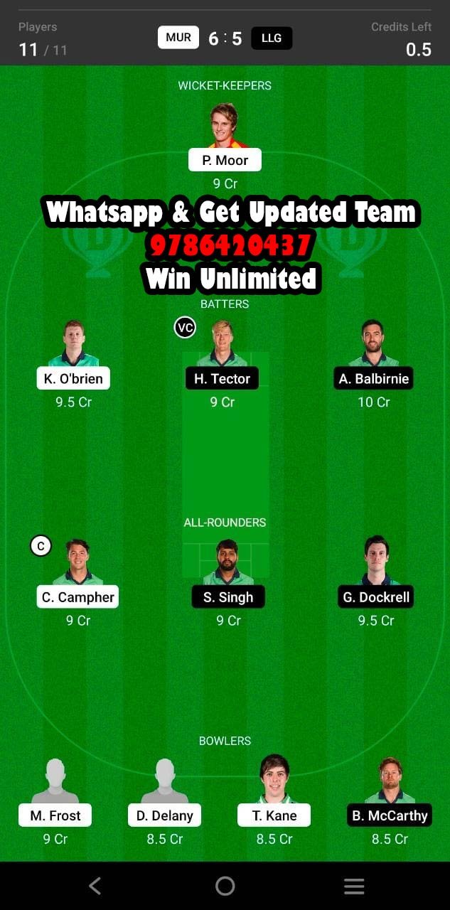 MUR vs LLG 10th Match Dream11 Team fantasy Prediction Ireland Inter-Provincial ODD