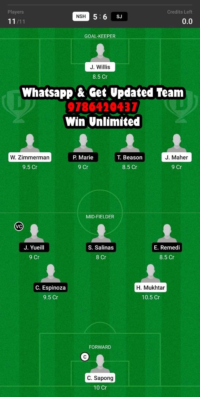 NSH vs SJ Dream11 Team fantasy Prediction Major League Soccer