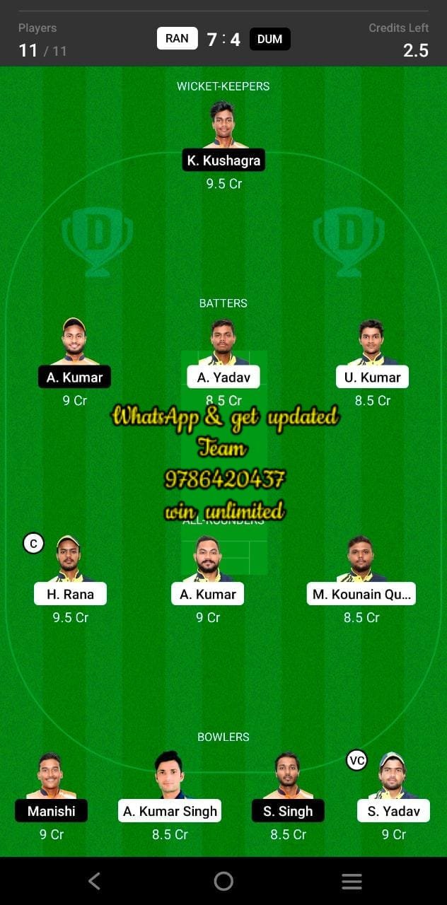 RAN vs DUM 24th Match Dream11 Team fantasy Prediction BYJU'S Jharkhand T20