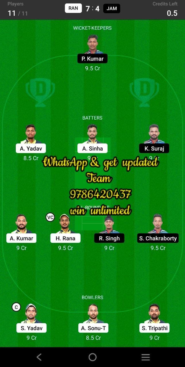 RAN vs JAM 14th Match Dream11 Team fantasy Prediction BYJU'S Jharkhand T20