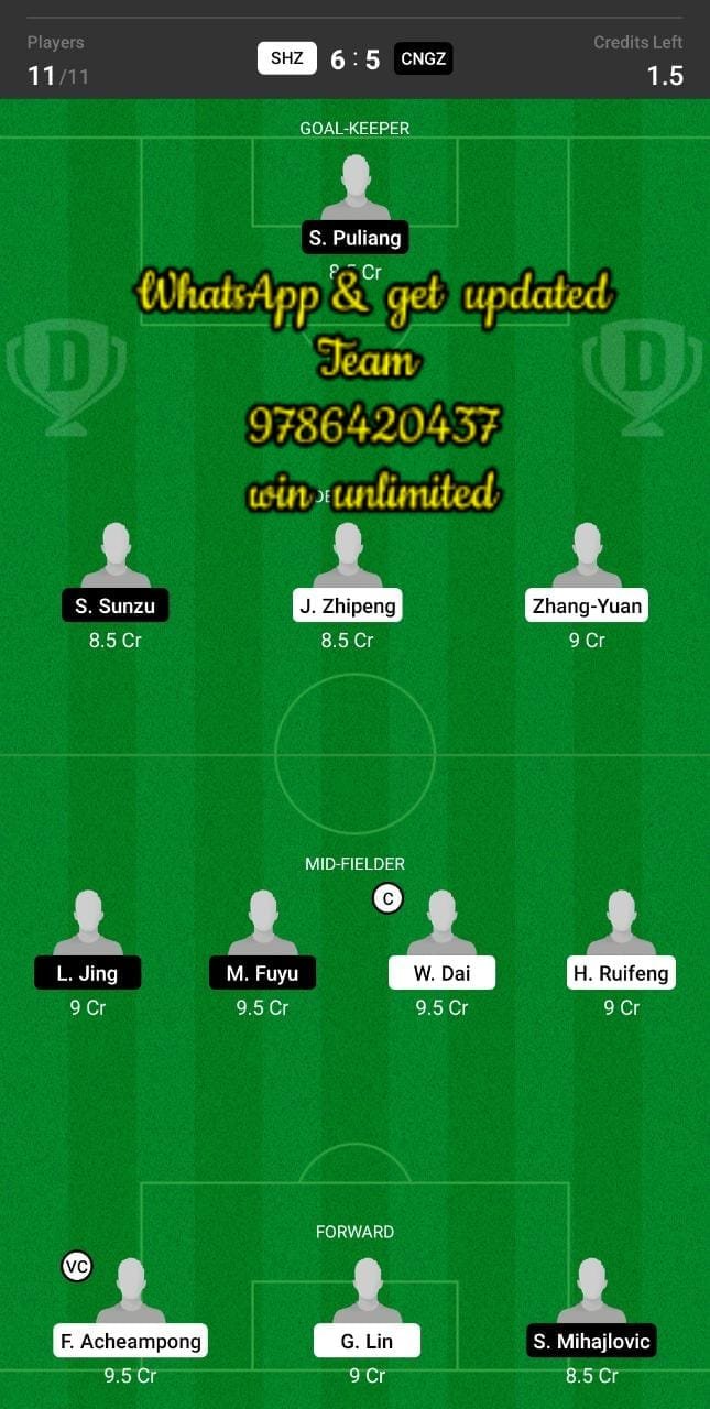 SHZ vs CNGZ Dream11 Team fantasy Prediction Chinese Super League