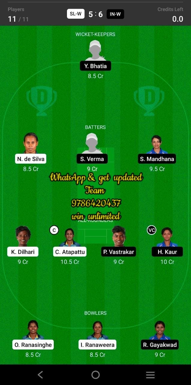 SL-W vs IN-W 1st T20I Match Dream11 Team fantasy Prediction India Women tour of Sri Lanka