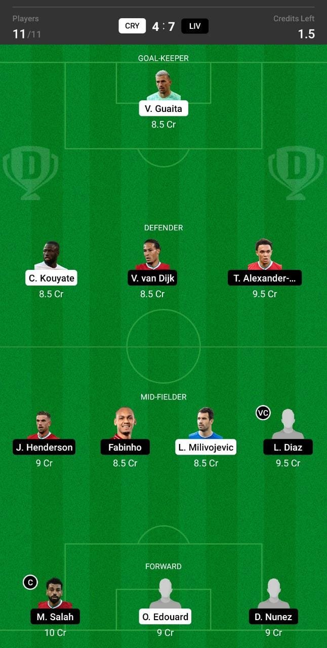 CRY vs LIV Dream11 Team fantasy Prediction Club Friendlies