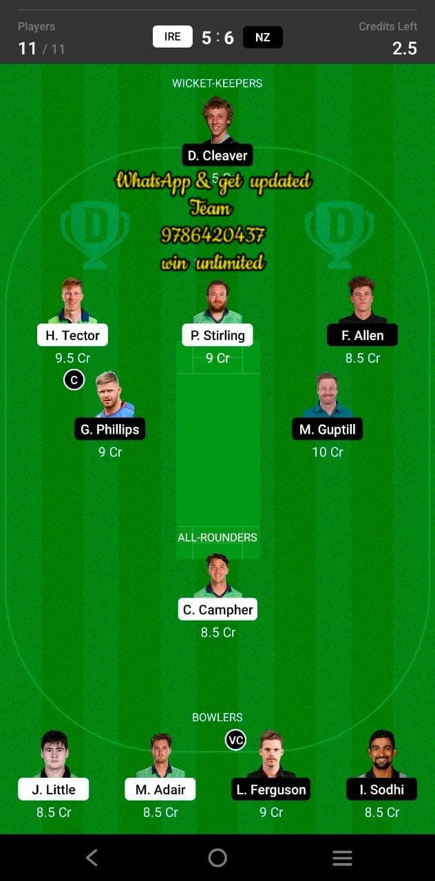 IRE vs NZ 2nd T20I Match Dream11 Team fantasy Prediction New Zealand tour of Ireland