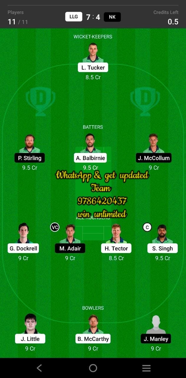 LLG vs NK 18th Match Dream11 Team fantasy Prediction Ireland Inter-Provincial T20