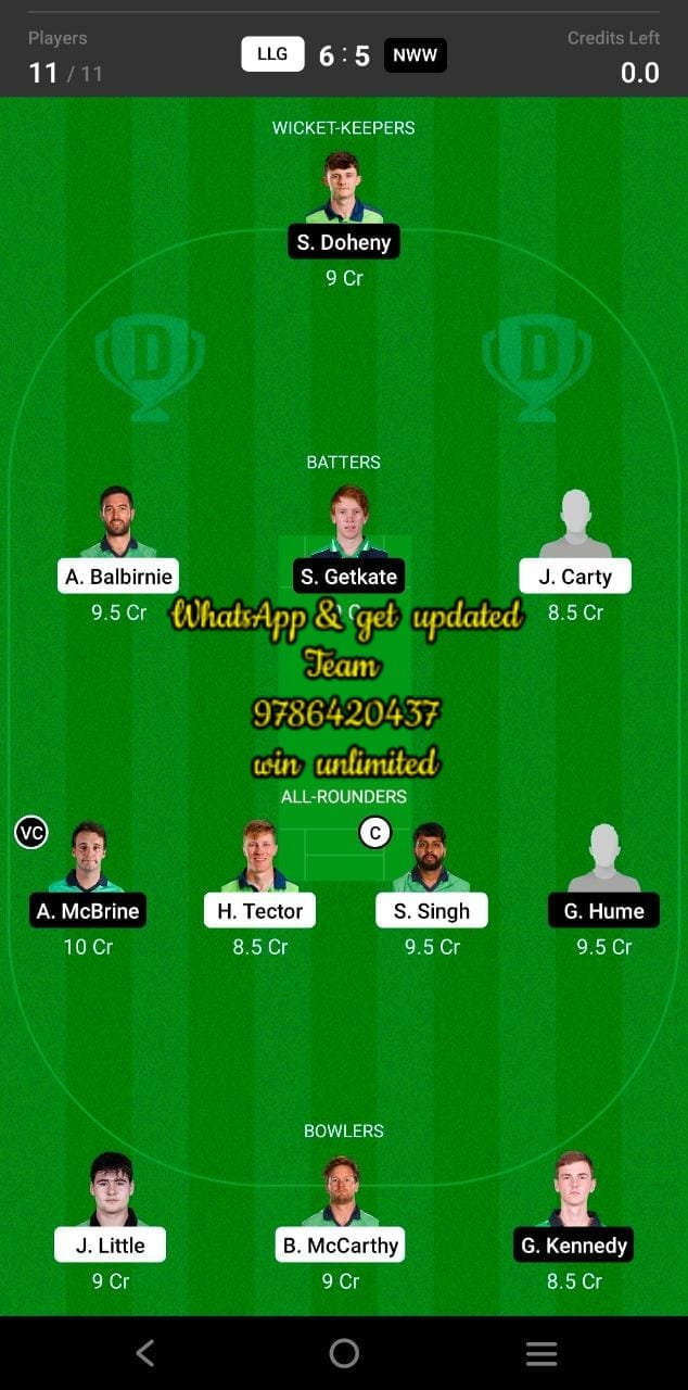 LLG vs NWW 16th Match Dream11 Team fantasy Prediction Ireland Inter-Provincial T20