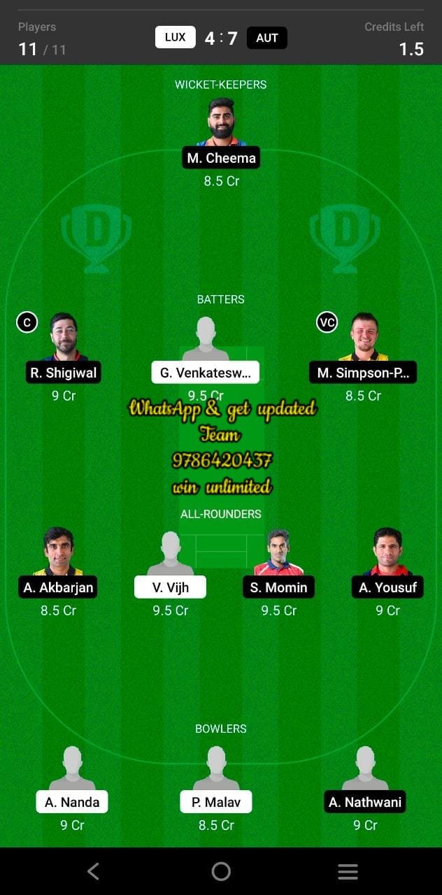 LUX vs AUT 1st Match Dream11 Team fantasy Prediction Central Europe Cup T20I