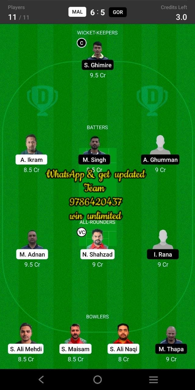 MAL vs GOR 13th Match Dream11 Team fantasy Prediction FanCode European Cricket T10 - Portugal