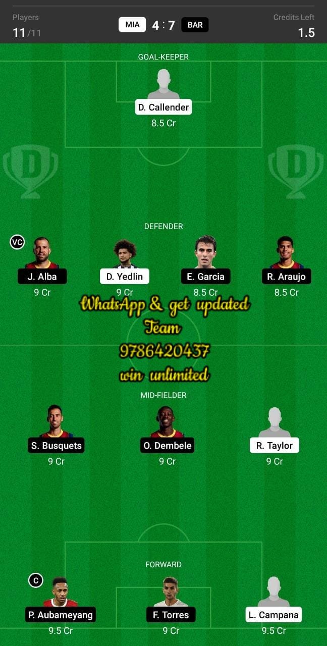 MIA vs BAR Match Dream11 Team fantasy Prediction Club Friendlies