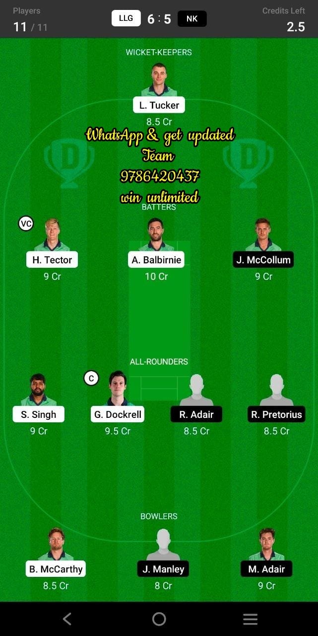 NK vs LLG 12th Match Dream11 Team fantasy Prediction Ireland Inter-Provincial ODD