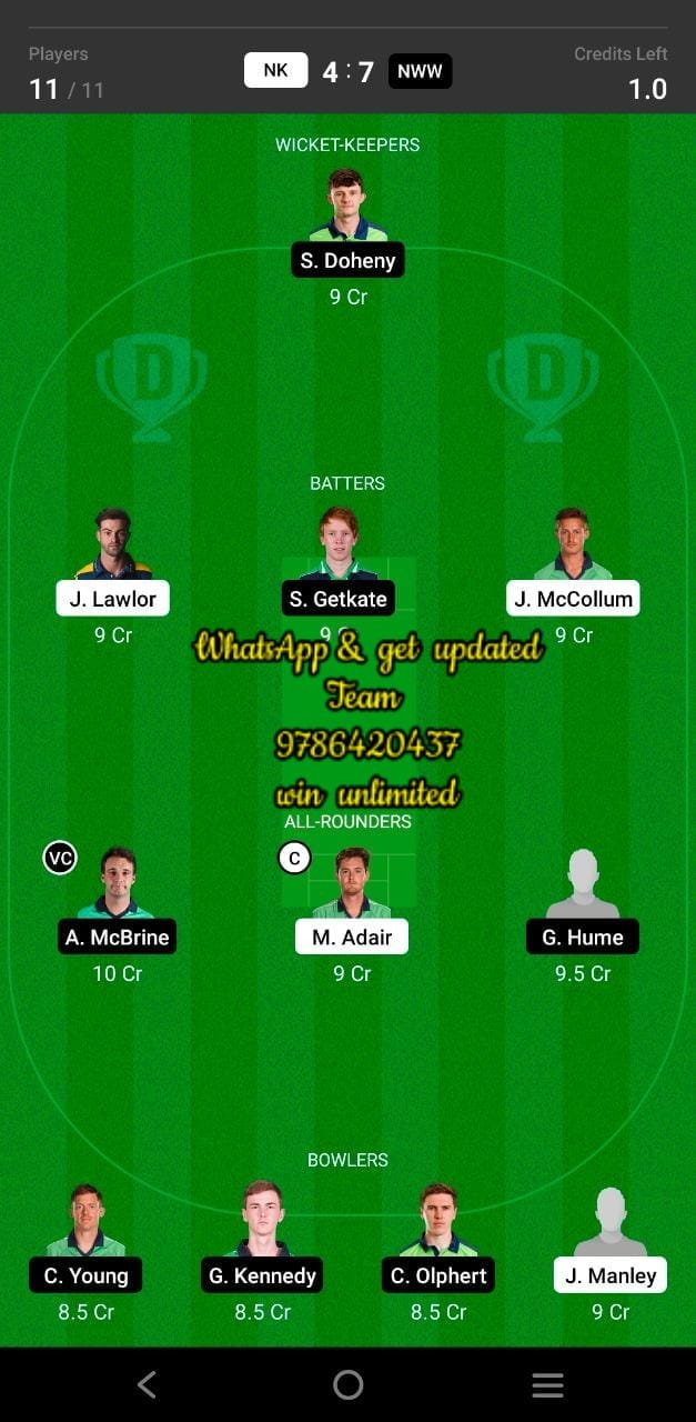 NK vs NWW 14th Match Dream11 Team fantasy Prediction Ireland Inter-Provincial T20