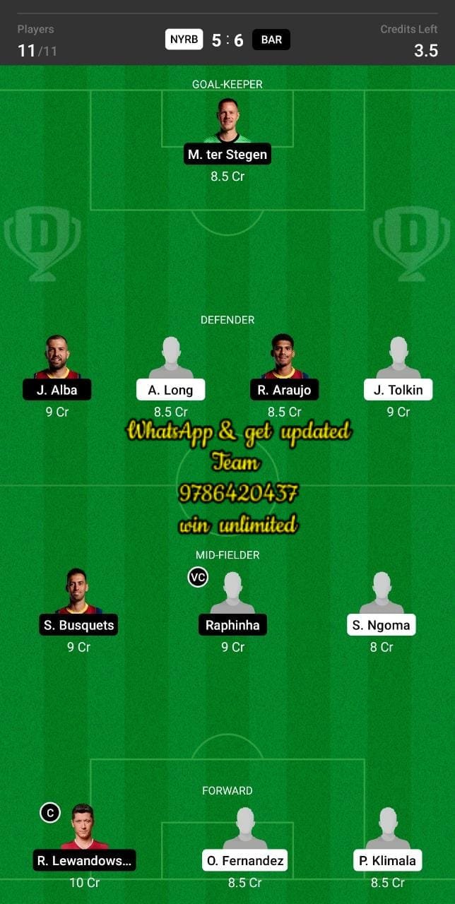 NYRB vs BAR Dream11 Team fantasy Prediction Club Friendlies