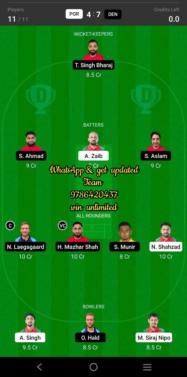 POR vs DEN Final Match Dream11 Team fantasy Prediction ICC T20 World Cup Europe Qualifier C