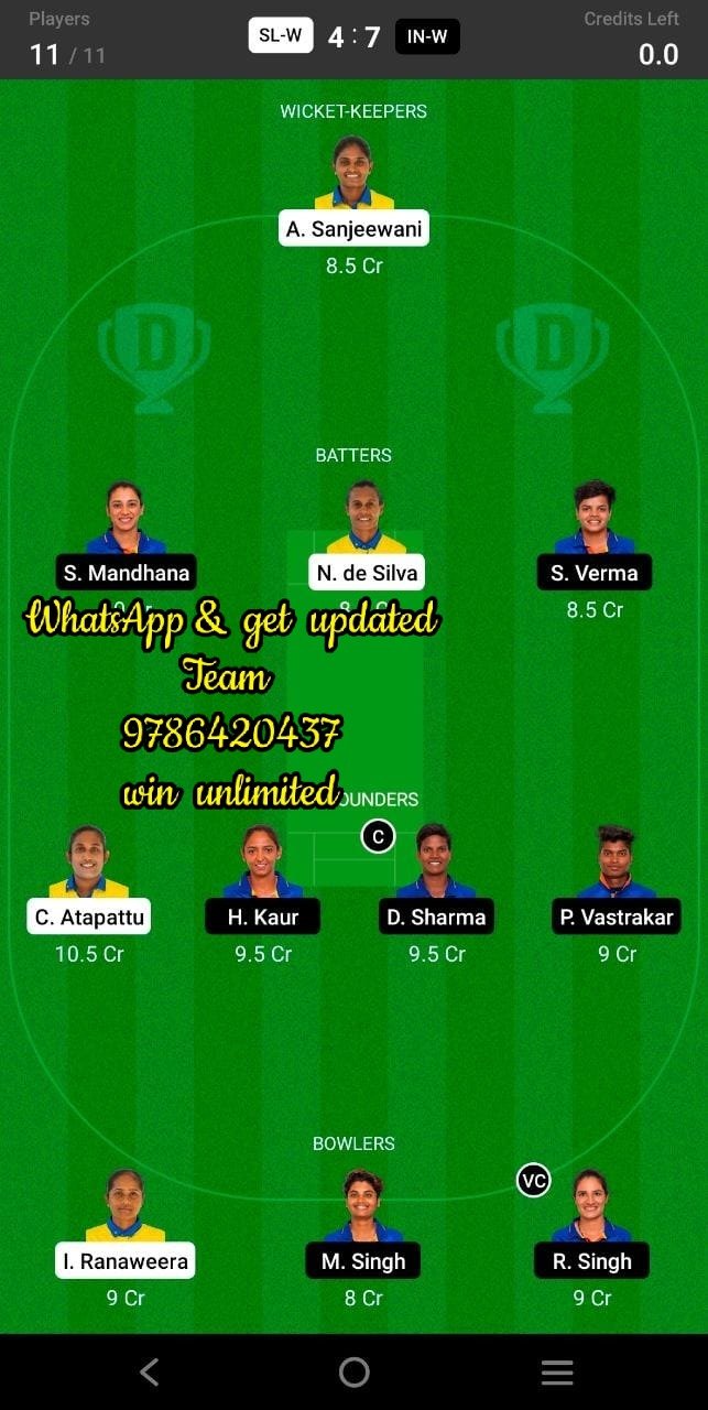 SL-W vs IN-W 3rd ODI Match Dream11 Team fantasy Prediction FanCode ECS T10 - Brescia