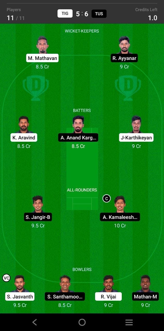 TIG vs TUS 5th Match Dream11 Team fantasy Prediction BYJUS Pondicherry Mens T20