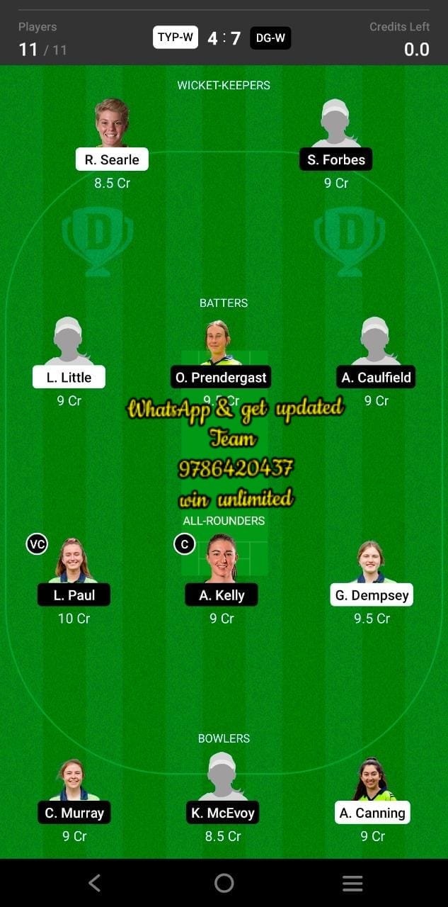 TYP-W vs DG-W 6th Match Dream11 Team fantasy Prediction Ireland Women's ODD