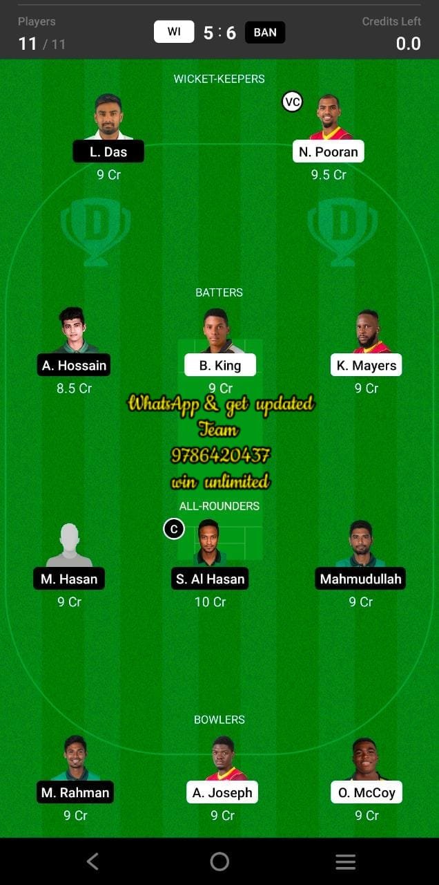 WI vs BAN 1st T20I Match Dream11 Team fantasy Prediction Bangladesh tour of West Indies