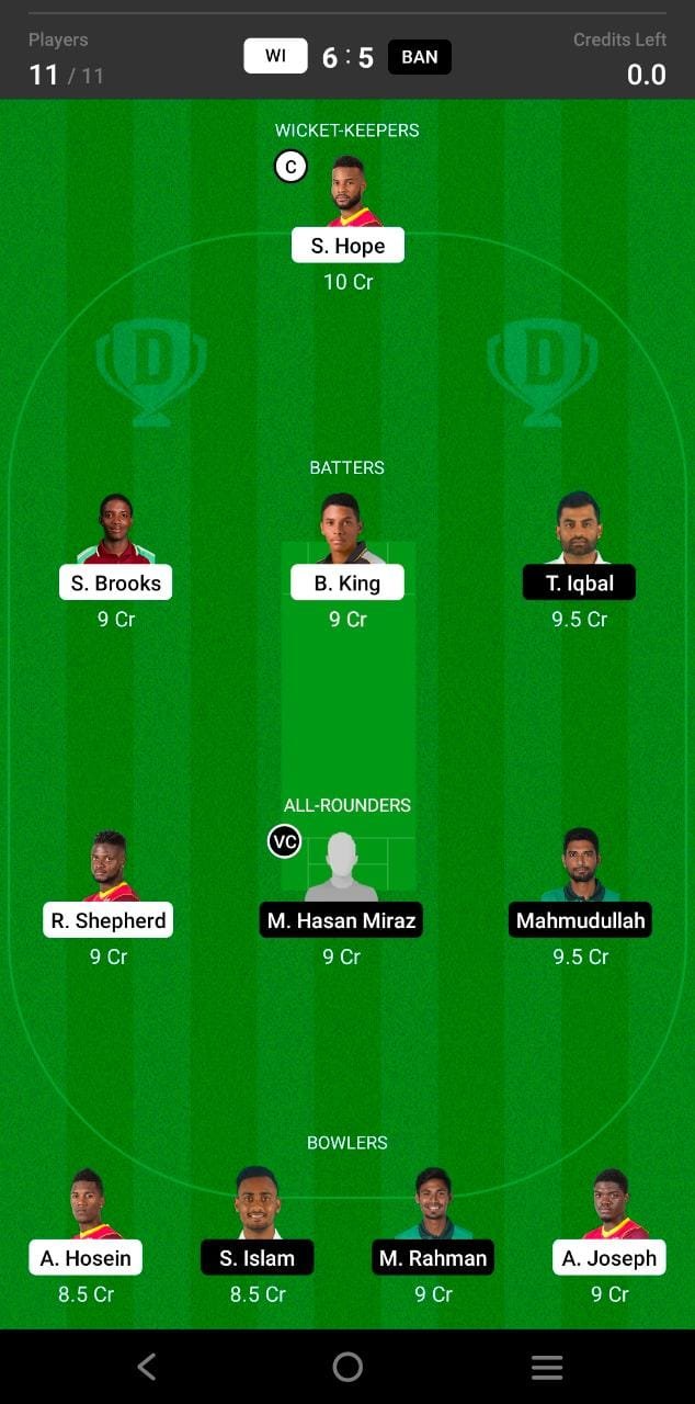 WI vs BAN 2nd ODI Match Dream11 Team fantasy Prediction Bangladesh tour of West Indies