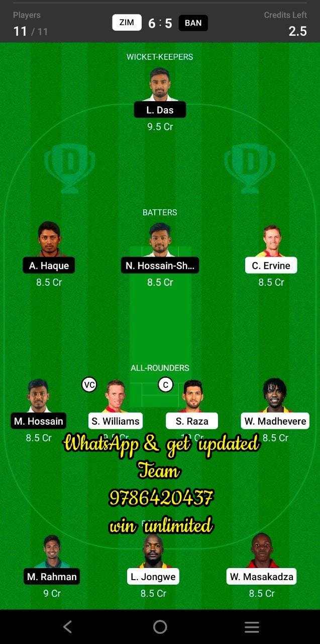 ZIM vs BAN 2nd T20I Match Dream11 Team fantasy Prediction Bangladesh tour of Zimbabwe