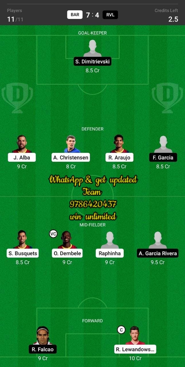 BAR vs RVL Dream11 Team fantasy Prediction La Liga