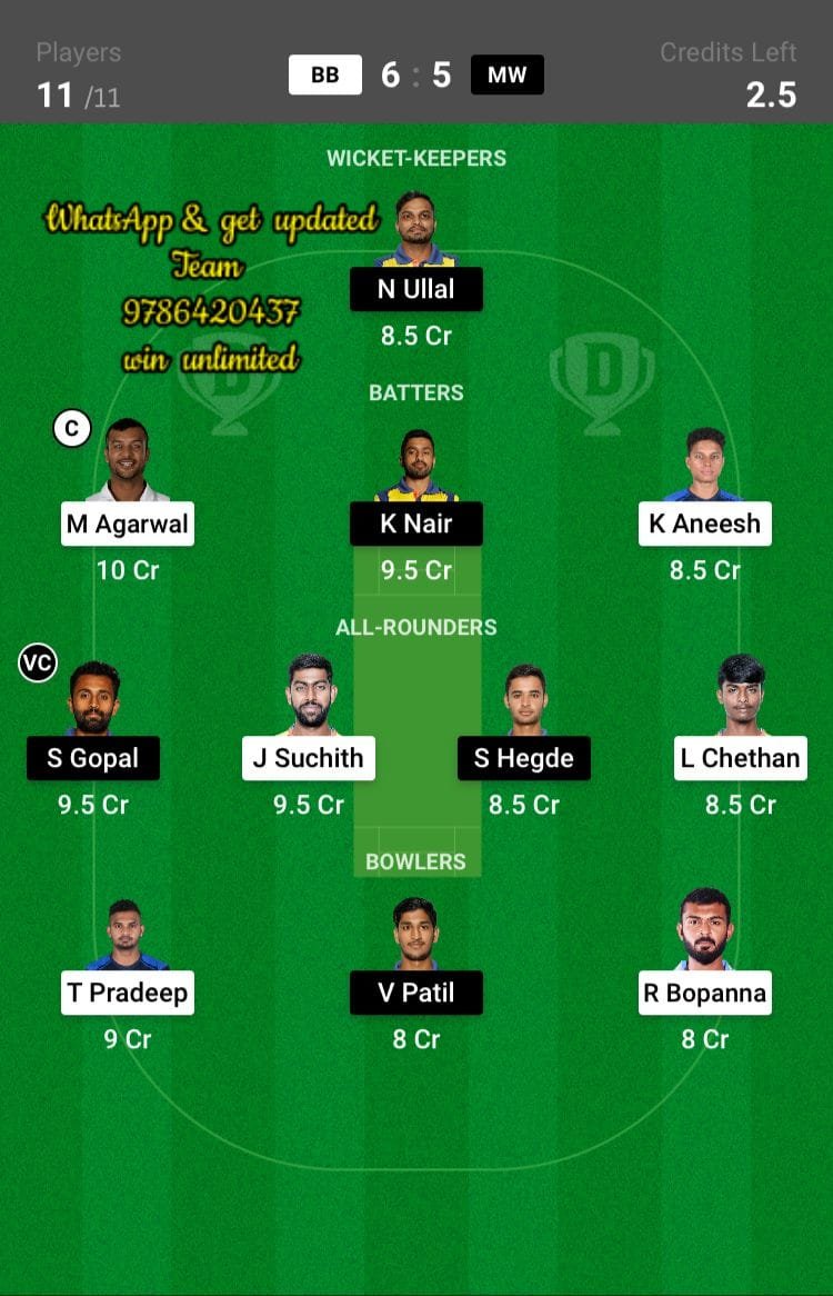 BB vs MW 14th Match Dream11 Team fantasy Prediction Shriram Maharaja Trophy KSCA T20