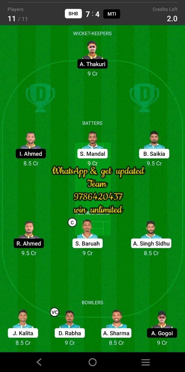 BHB vs MTI 14th Match Dream11 Team fantasy Prediction BYJU's Assam T20