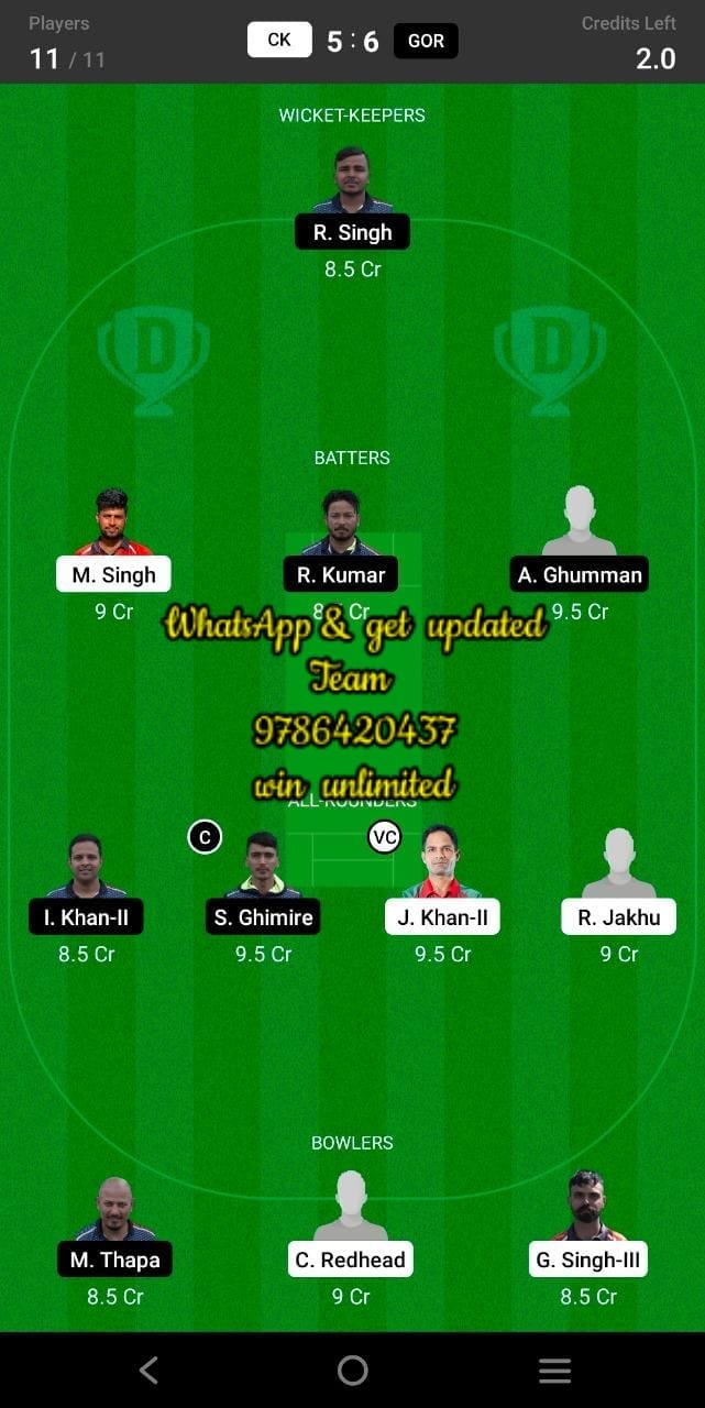 CK vs GOR 28th Match Dream11 Team fantasy Prediction FanCode European Cricket T10 - Portugal