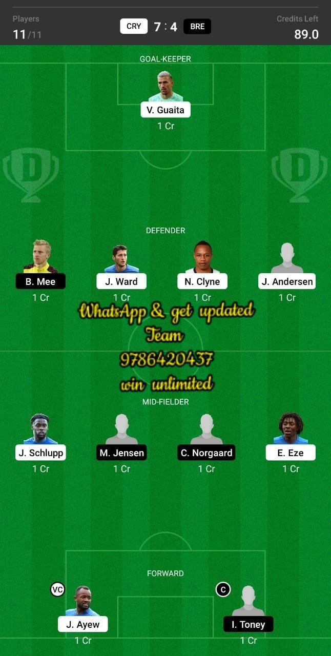 CRY vs BRE Dream11 Team fantasy Prediction Premier League