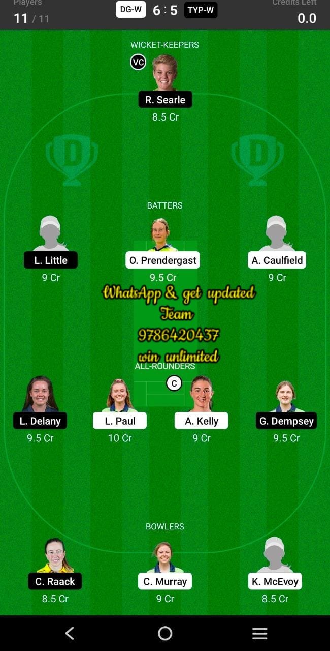 DG-W vs TYP-W 9th Match Dream11 Team fantasy Prediction Ireland Women's ODD