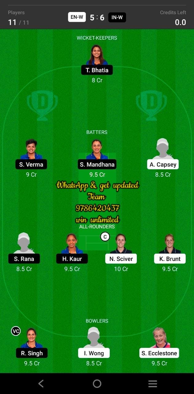 EN-W vs IN-W 1st Semi-Final Match Dream11 Team fantasy Prediction Women's T20 Commonwealth Games