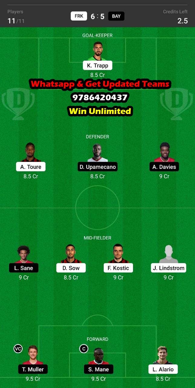 FRK vs BAY Dream11 Team fantasy Prediction Bundesliga