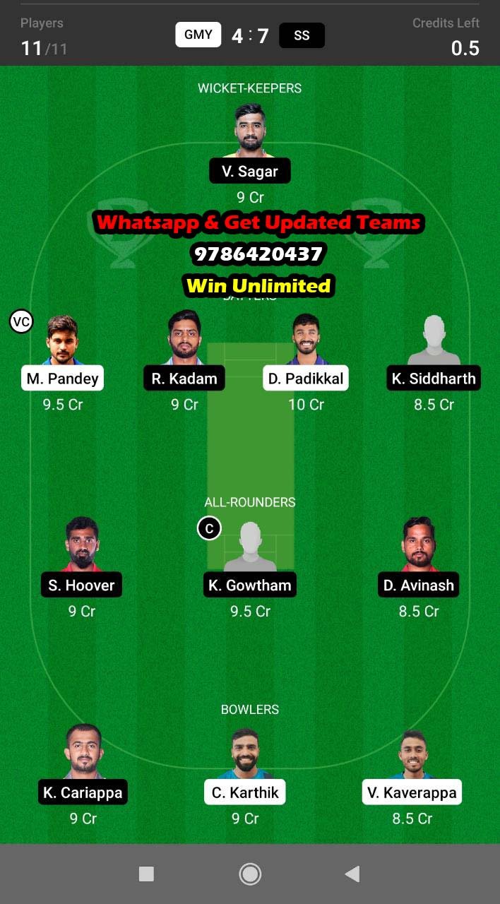 GMY vs SS 5th Match Dream11 Team fantasy Prediction Shriram Maharaja Trophy KSCA T20