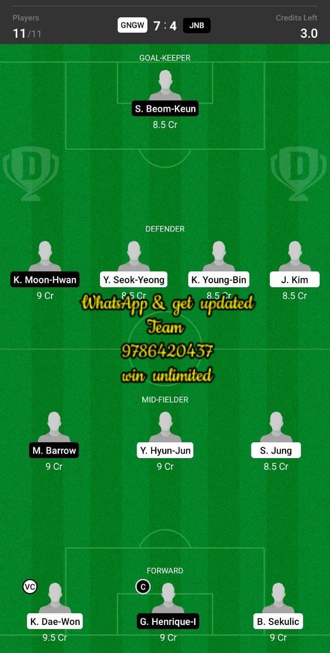 GNGW vs JNB Dream11 Team fantasy Prediction K League