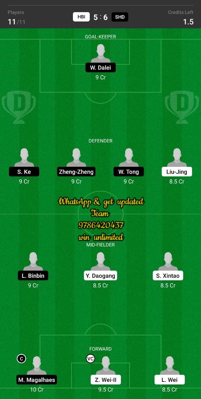 HBI vs SHD Dream11 Team fantasy Prediction Chinese Super League