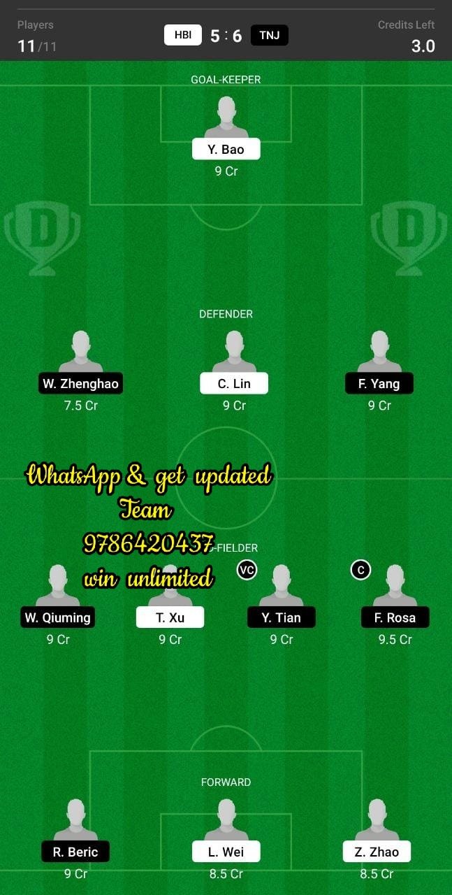 HBI vs TNJ Dream11 Team fantasy Prediction Chinese Super League