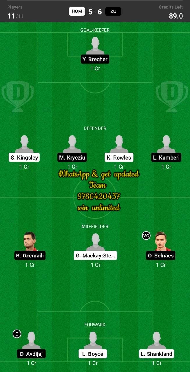 HOM vs ZU Dream11 Team fantasy Prediction Europa League Qualifiers