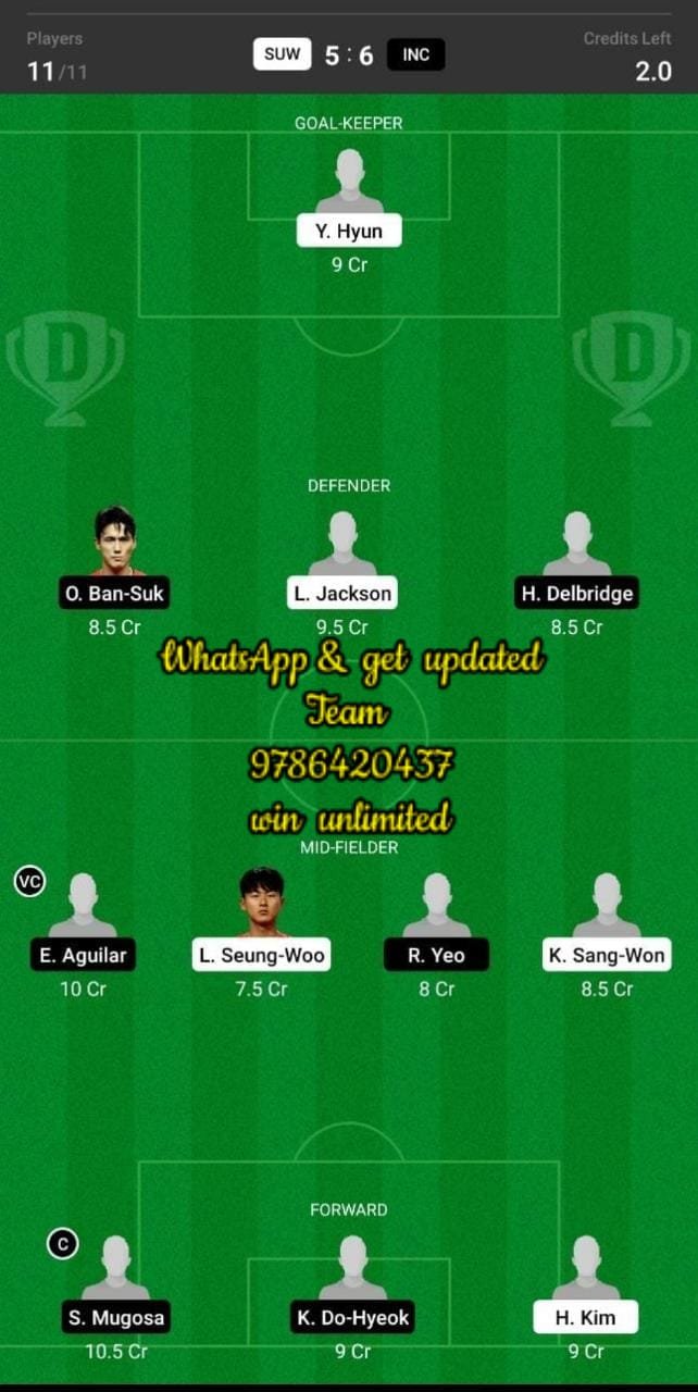 INC vs SUW Dream11 Team fantasy Prediction K League